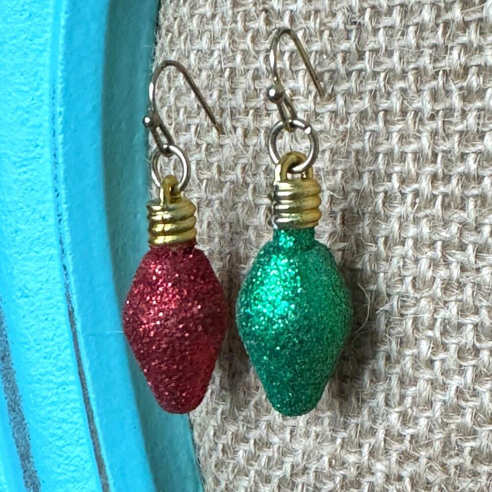 5/$25 Christmas Bulb Red Green Glitter Earrings